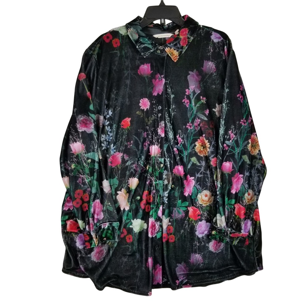 Soft Surroundings Velvet Button Down Women 3X Black Floral Botanical Stretch